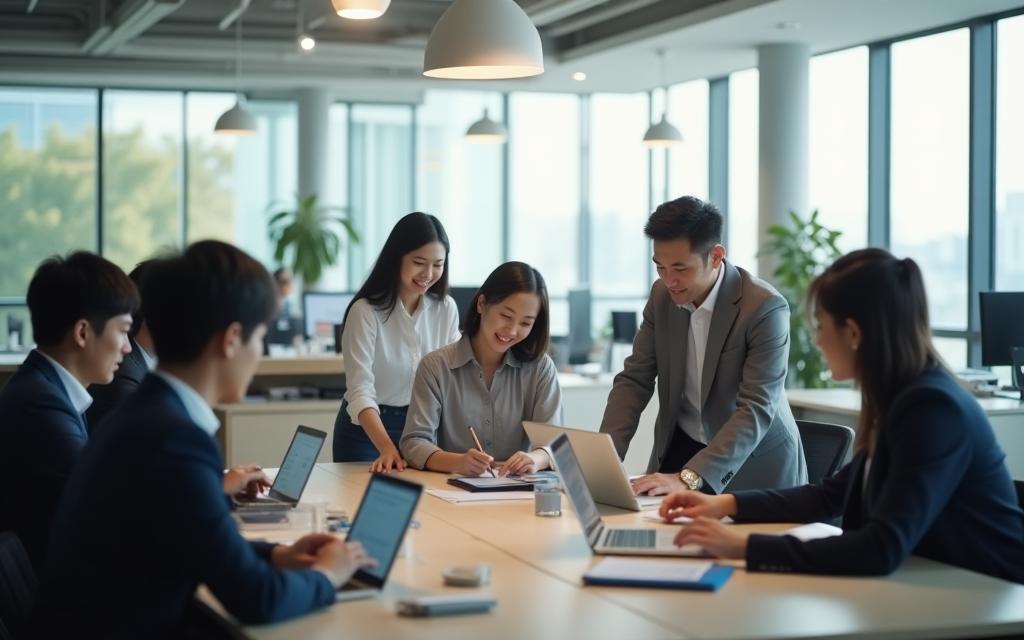 Koei Communicationsのチームが現代的なオフィスで協力して作業している様子