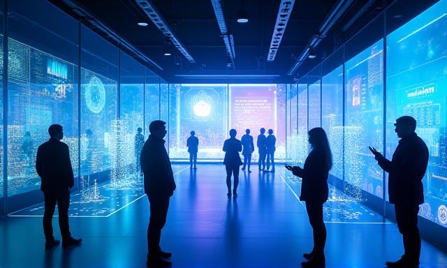 未来的なデザインのイベント会場で、人々がインタラクティブなディスプレイを操作している様子