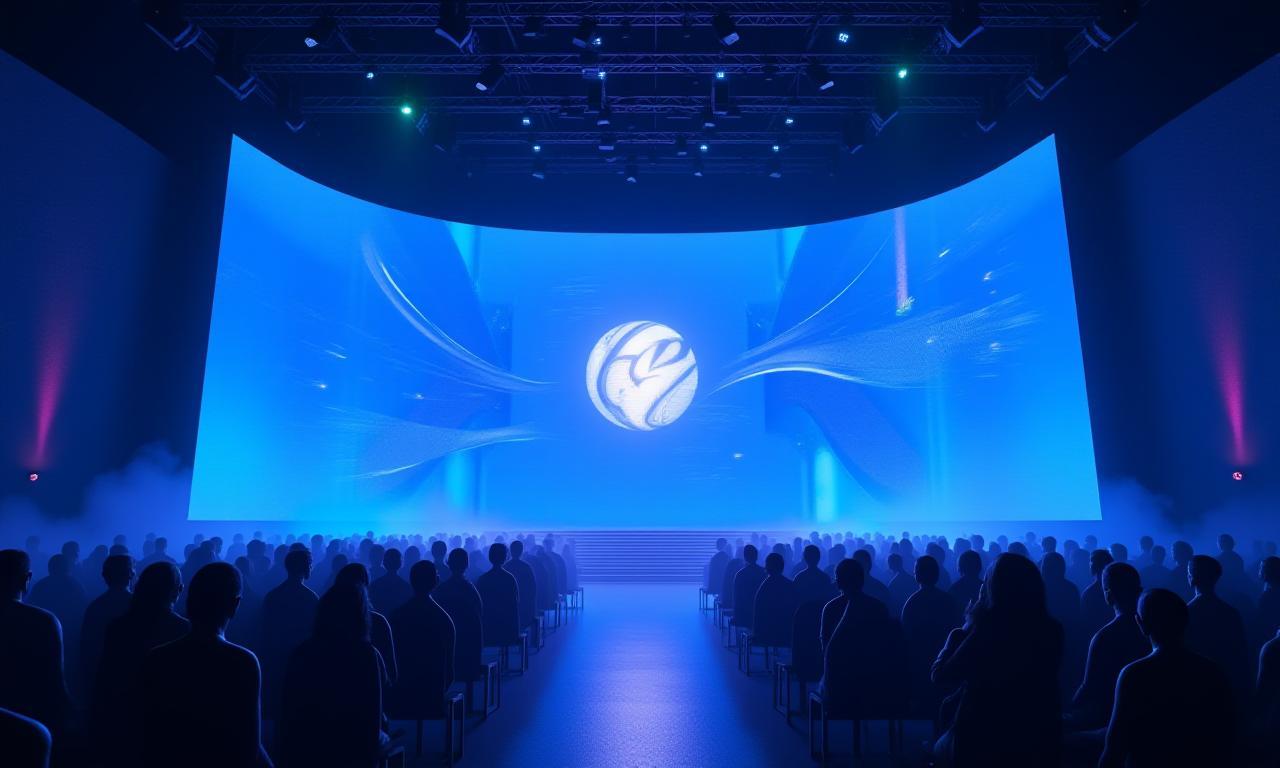 大規模なバーチャル製品発表会の様子、大きなスクリーンにロゴとグラフィックが表示されている