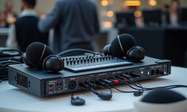 最新の音響ミキサーとマイク、スピーカーなどの音響機器が準備されている様子