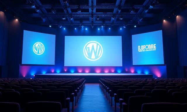 大規模な企業イベントの会場で、プロジェクターと照明が設置されている様子