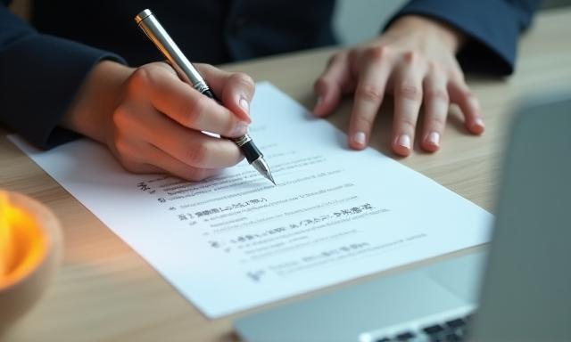 キーボードとペンが置かれたデスクで、スピーチ原稿を執筆しているビジネスパーソンの手元